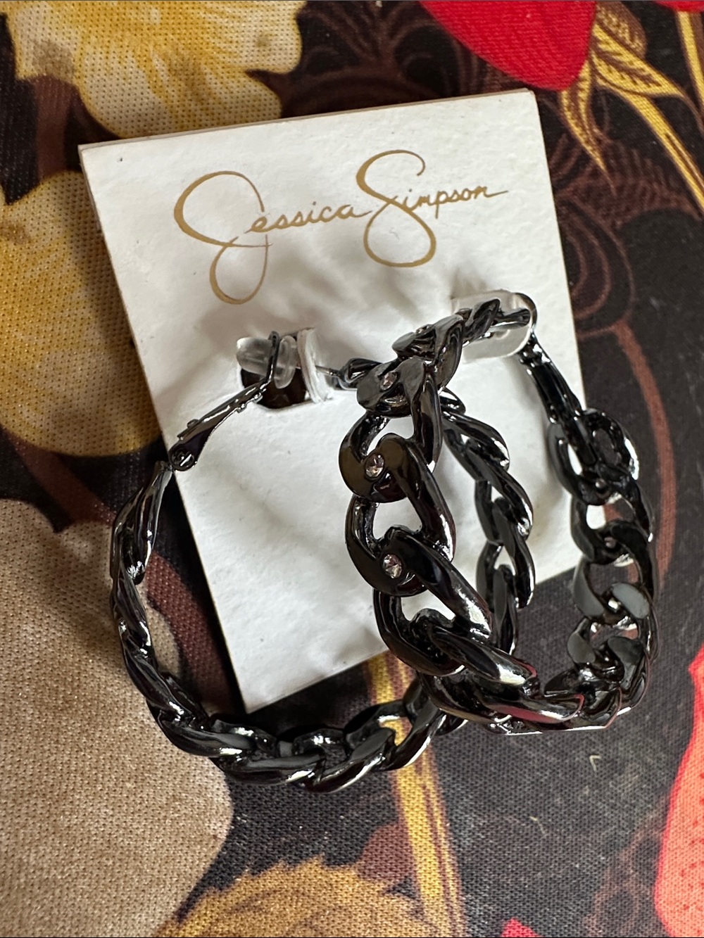 Jessica Simpson Glossy Black Chain-Link Hoop Earrings